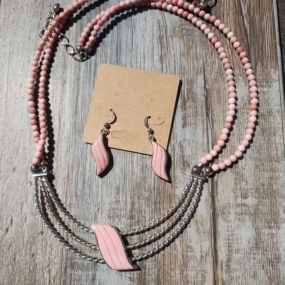 Jay King DTR mine finds carved Wave Pink Opal Necklace Earrings set 925 rare - Picture 8 of 11